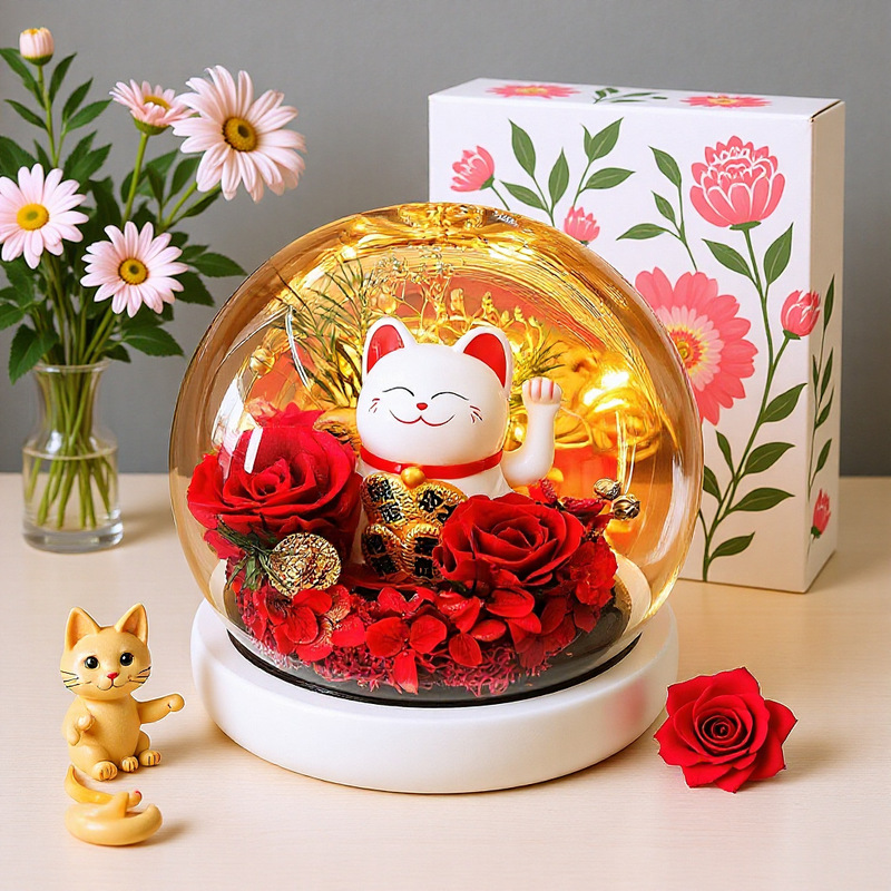招财猫猫小摆件永生花束高级感手工花束自己做玫瑰花干花鲜花跨境|undefined