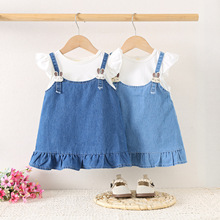 1670夏季新款女童牛仔吊带拼接假两件连衣裙 女孩子飞袖公主裙