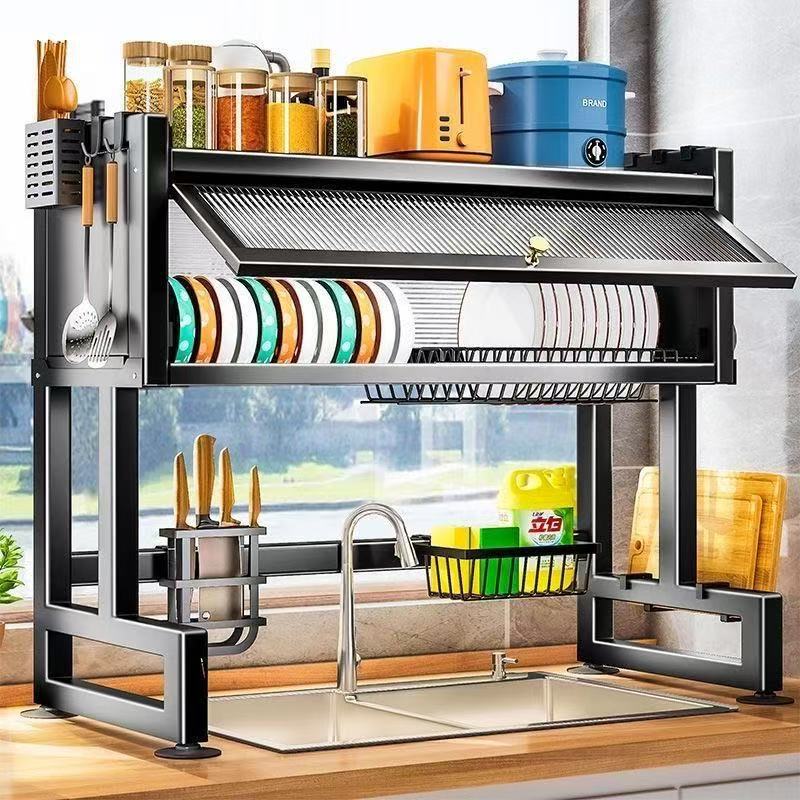 Estante de almacenamiento fregadero de cocina platos lavavajillas armario multifuncional puerta de armario a prueba de polvo platos almacenar marco de drenaje