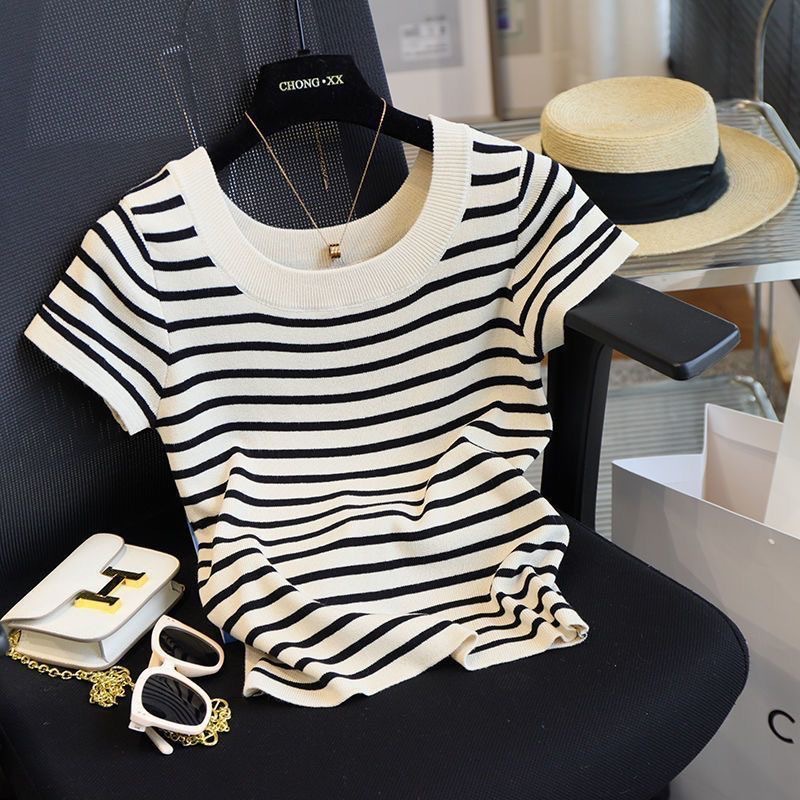 Knitted Stripesd Design Short-Sleeved Large Size T-Shirt for Women U-Neck Knitted Bottoming Shirt Summer Short Slim Top for Women