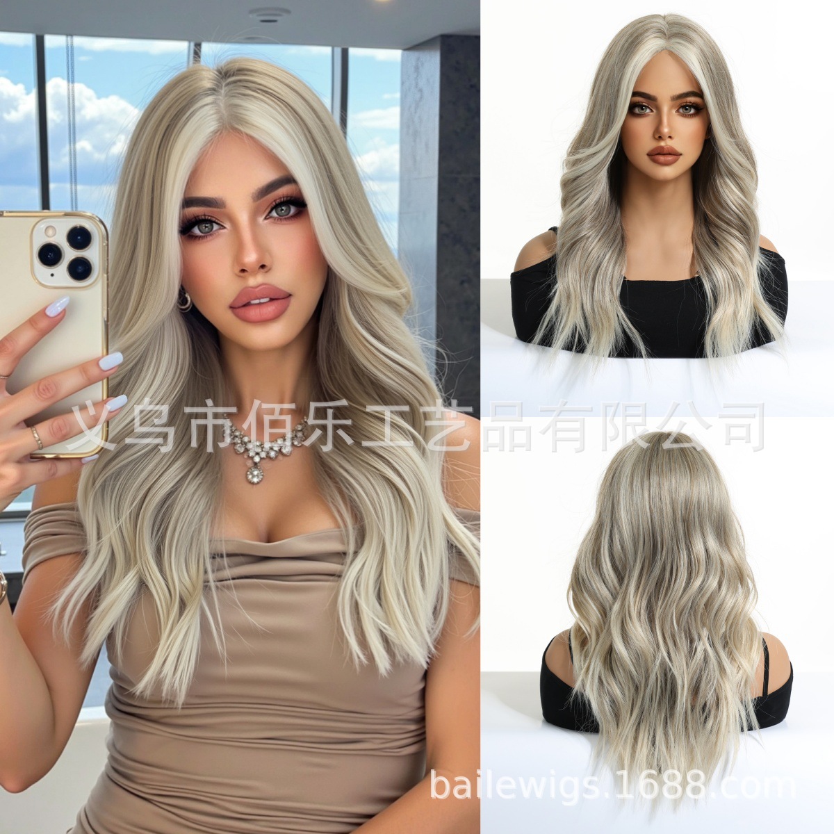 Europeos y estadounidenses pelucas de cabello rizado largo cubierta de cabello completo teñido de fibra química de platino cabello de mujer al por mayor en stock transfronterizo