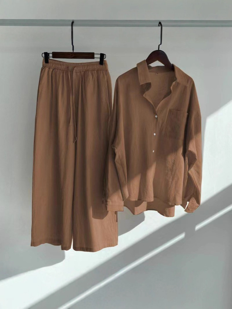 2025 Cross-Border Amazon Women's Retro Plus Size Cotton Linen Shirt Set High Waist Loose Pants Two-Piece Set for Women