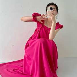 超仙树莓子酱霓虹粉无袖木耳边宽松连衣裙夏季显白宽松长裙沙滩裙