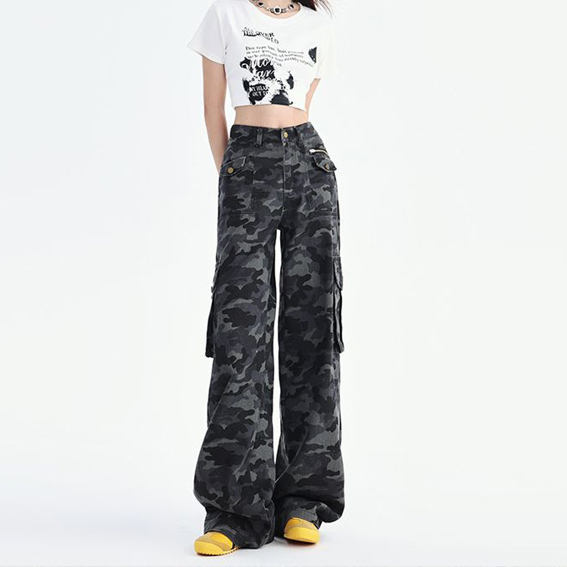 Trendy American-Style Camouflage Cargo Pants for Women, New Autumn Collection, Multi-Pocket, High-Waisted, Loose, Wide-Leg, Floor-Length Denim Pants