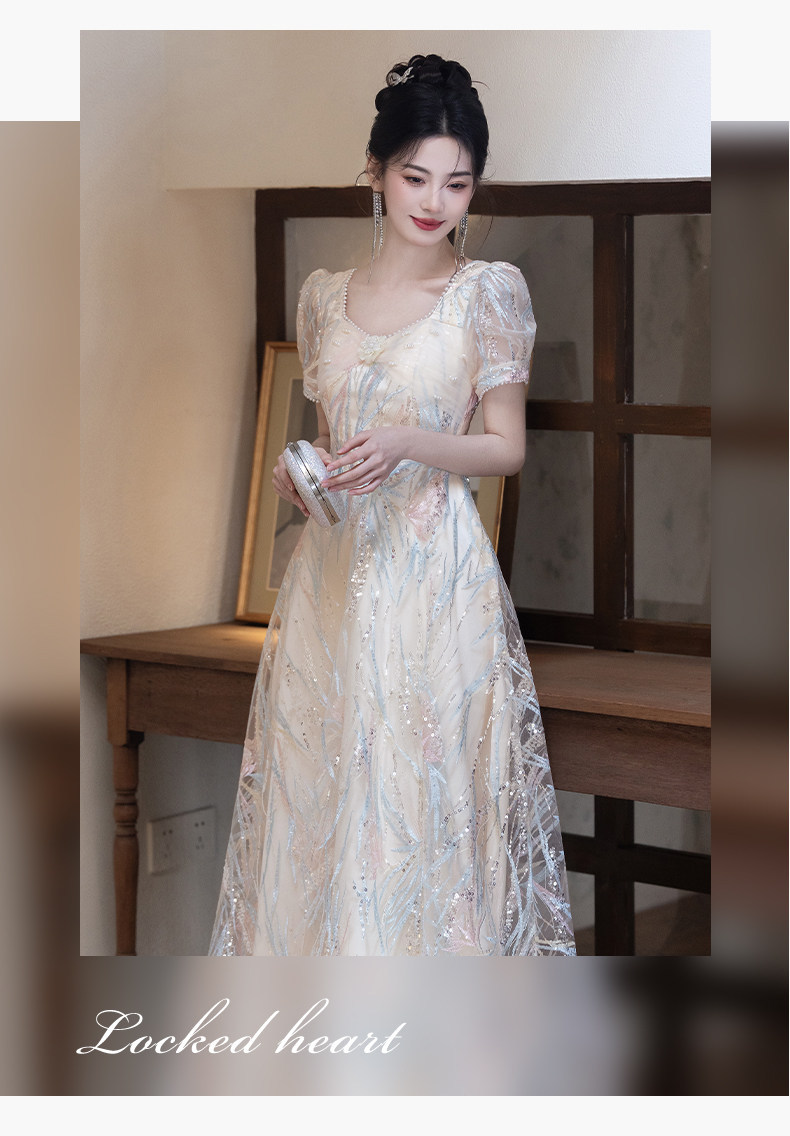 Đầm maxi nữ thắt eo phong cách Pháp, thiết kế dáng dài sang trọng, tay dài, cổ chữ V, chất liệu cao cấp — Màu champagne chi tiết 15