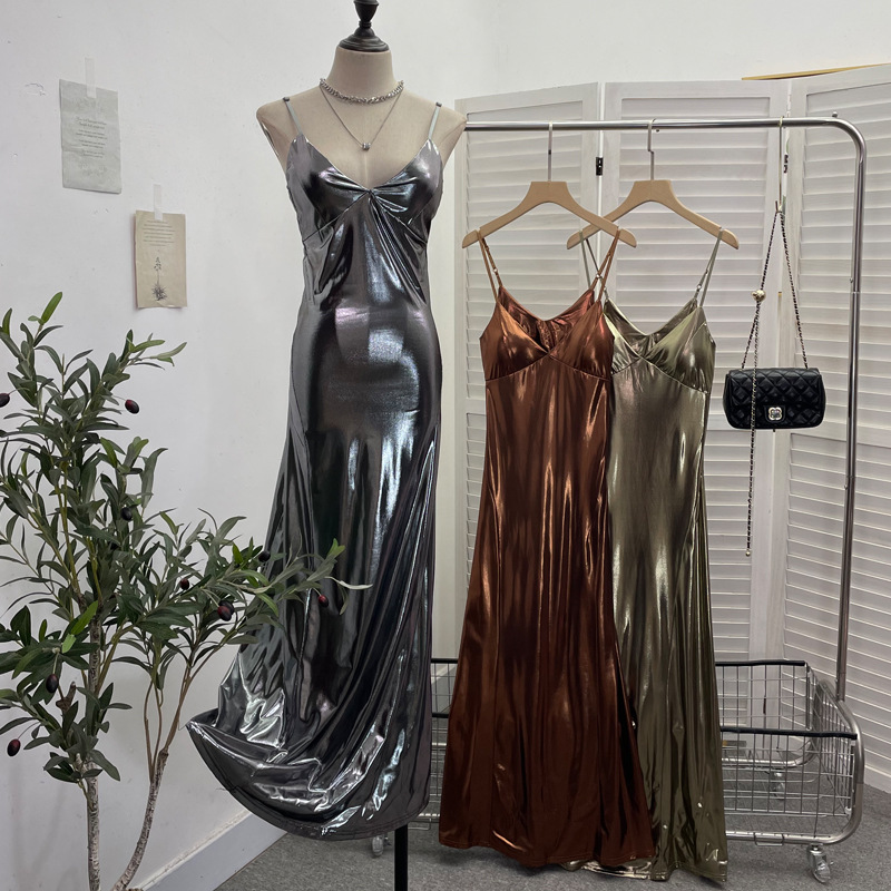 Sexy Liquid Metal Color Sling Dress with Chest Pad Dress