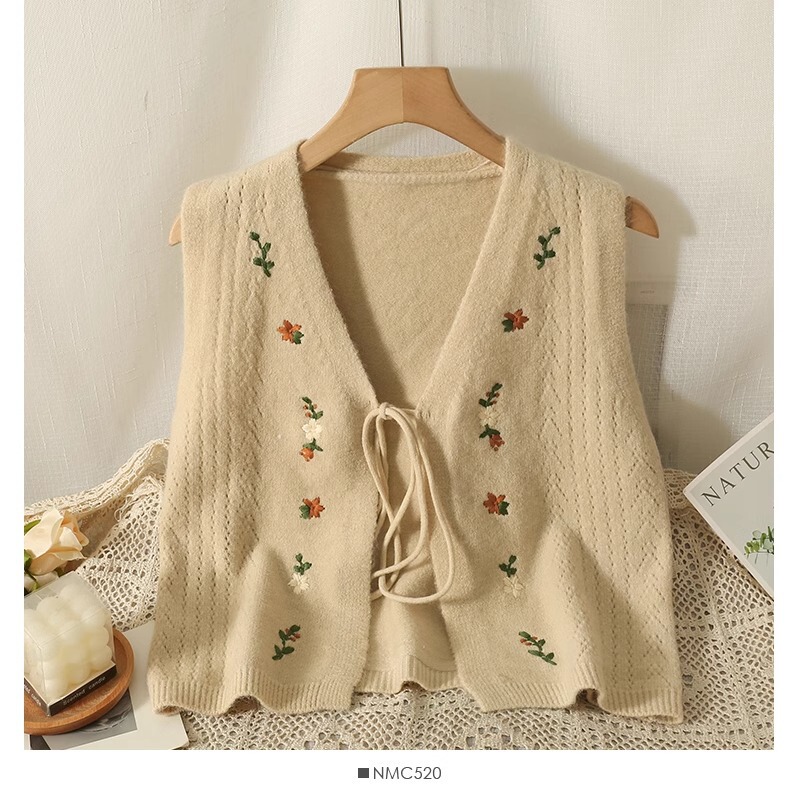 Embroidered Bow Tie Knitted Vest for Women 2025 Spring & Fall New Style Sweet Sleeveless Sweater Vest