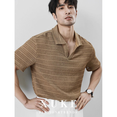 POLO Shirt V-Neck Short Sleeve Knit Shirt for Men with Herringbone Lacing, British Business Summer Ice Silk for Import and Export Cross-Border Wholesale