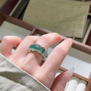 925 Sterling Silver Chalcedony Bare Stone Blue Ice Floating Flower Ring Setting Jade Inlaid Ring Retro Elegant Generous Silver Ring