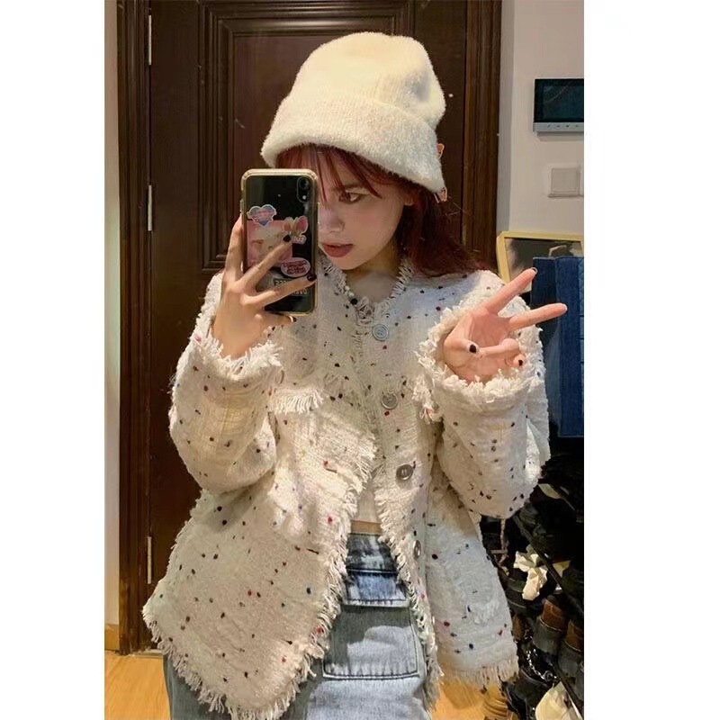 Tweed Style Colorful Polka Dot Jacket Women's Spring and Autum New Niche High-End Short Tassel Jacket Top