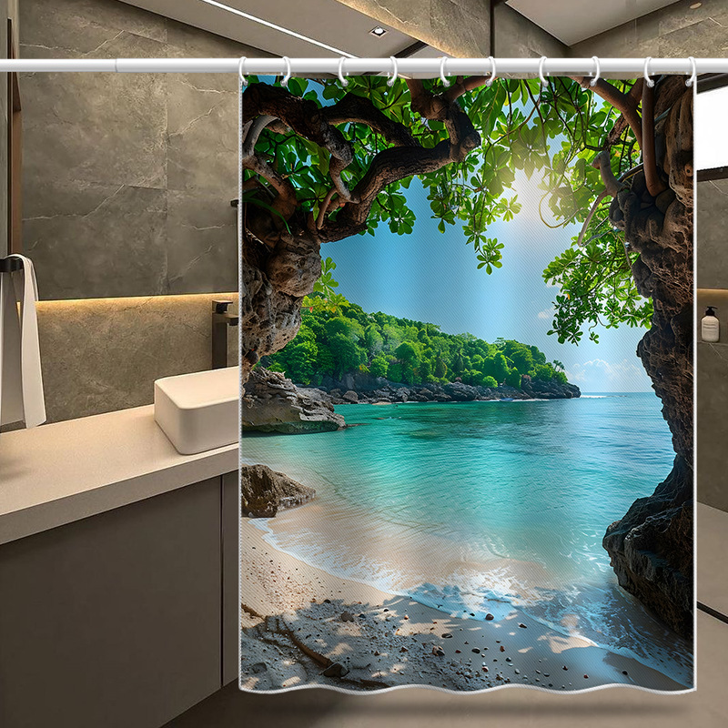 Cross-border Hot-selling Curtain Tree Hole by Yin Waterproof Polyester Bathroom Curtain Shower Room Punch-free Curtain Door Window Short Curtain