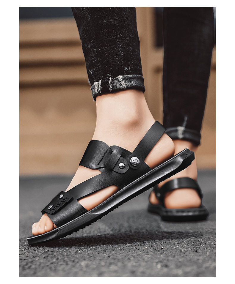 Dép sandal nam hở ngón chất liệu da PU chống trơn thoáng khí đi biển mùa hè — Màu nâu, Đen toàn bộ chi tiết 13