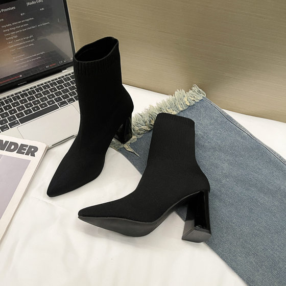 Skinny Boots Women 2024 New Knitted Stretch Boots Pointed Slim Socks Boots High Heels Thick Heel Ankle Boots