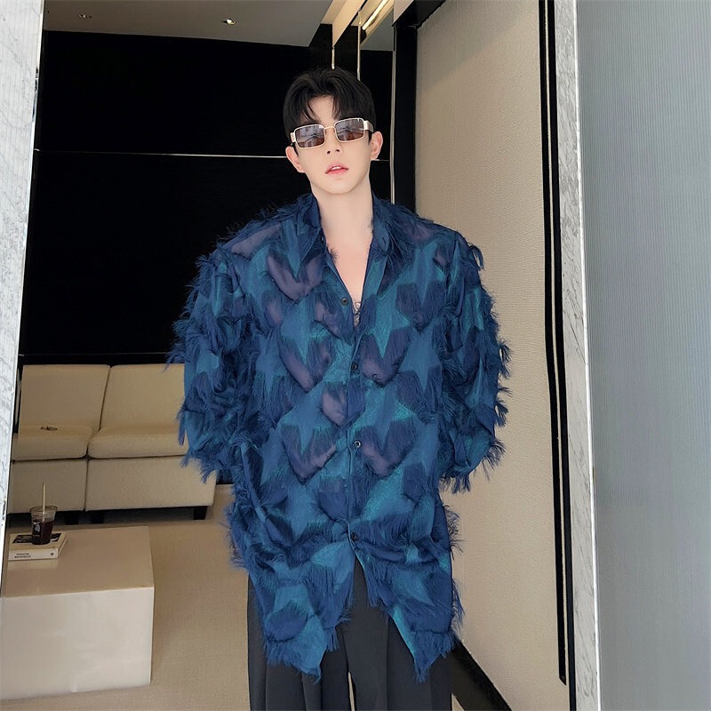 Korean Men's Stage Outfit Feathered Semi-Transparent Nightclub Male Model Singer Performance Ins Influencer Shirt Jacket