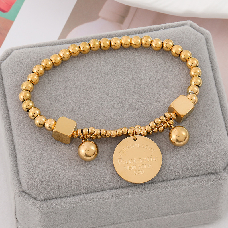28g Weight 0.03µm Gold Plating Thickness PVD Coated Gold Plating Process 18K Real Gold Plated Plating Material 316 Stainless Steel Pendant Material Bracelets Classification Casual Simple Style Round Letter Titanium Steel Beaded Plating Bracelets