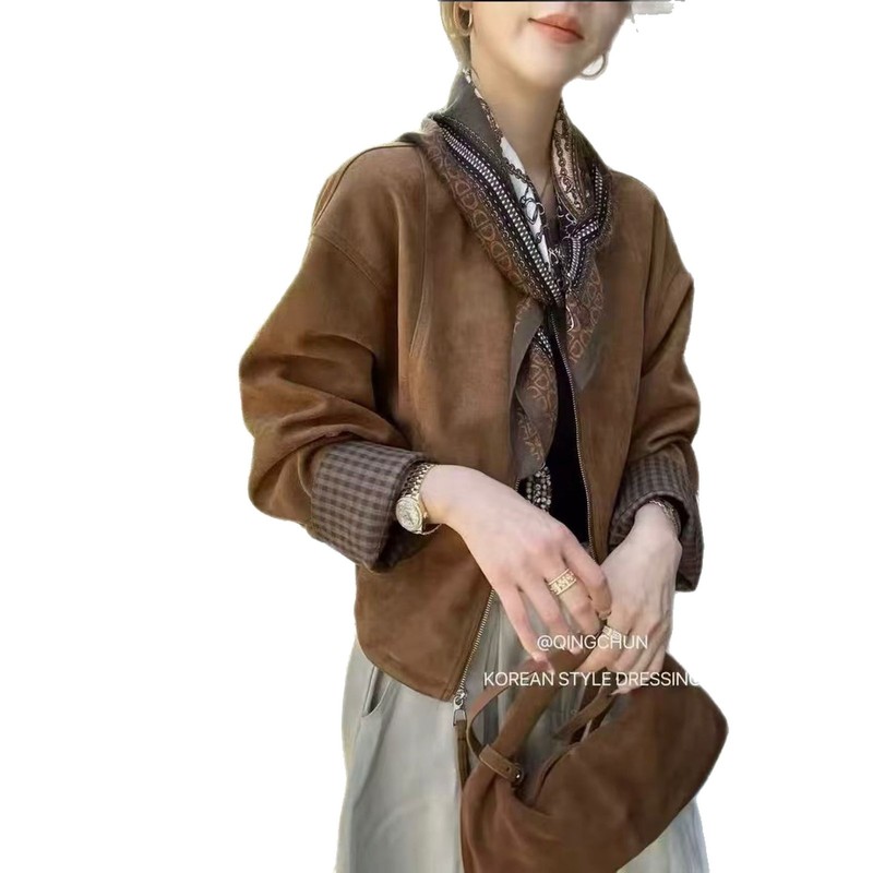 欧货复古丝巾鹿皮绒外套女2025秋季新款时尚设计感格子拼接夹克潮|undefined