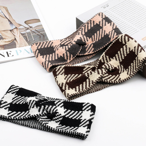 Cross-border bow plaid acrylic wool headband elastic yoga sports headscarf hair accessories ear protection warm European and American