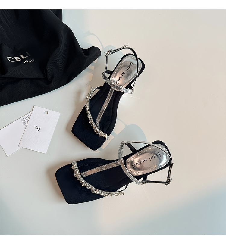 Sandal cao gót nữ mũi vuông hở ngón, quai ngang đính đá, gót dị hình — màu vàng, bạc chi tiết 20