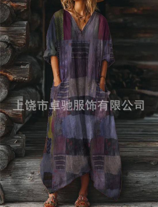 2025新款独立站女式复古花卉艺术图案印花口袋V领口袋连衣裙|undefined