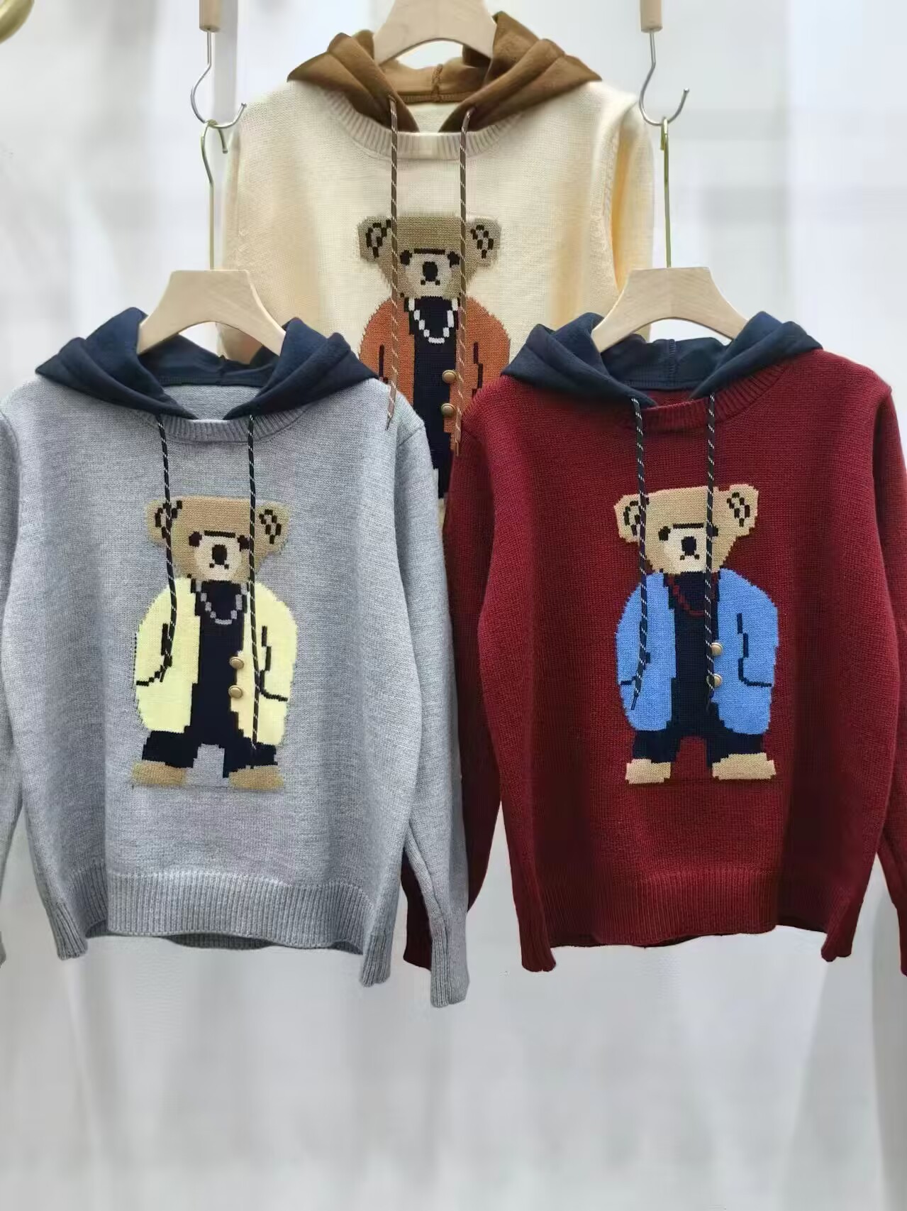 Women's Clothing bear jacquard hooded sweater jacket women autumn and winter new style high grade cartoon fashion knitted sweater women's tops_voghion.com