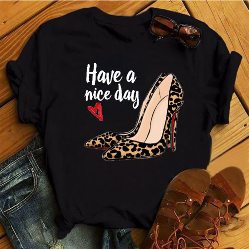 Summer Large Size Casual Round Neck Short Sleeve High Heel Pattern Print Short Sleeve T-Shirt for Women