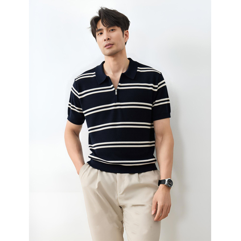 Camisas de polo de manga corta de vello de estilo de verano, camisetas de hielo con media cremallera a rayas, fábrica transfronteriza al por mayor image 3