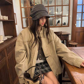 荒荒家 卡其色洗水外套2025秋季新款宽松休闲工装甜酷立领夹克女