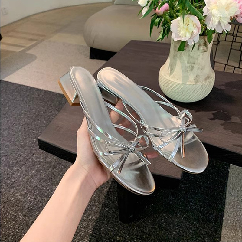 Madre de uva ~ arco dulce francés variedad de tacones gruesos de dedos descubiertos zapatillas romanas de verano para mujeres