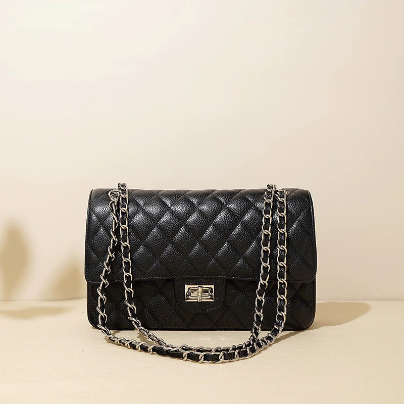 Leren tas met ruitpatroon, kettingdetails, teenbescherming, rundleerpatroon, okselstuk, enkele schouderband, crossbodytas voor dames_voghion.com