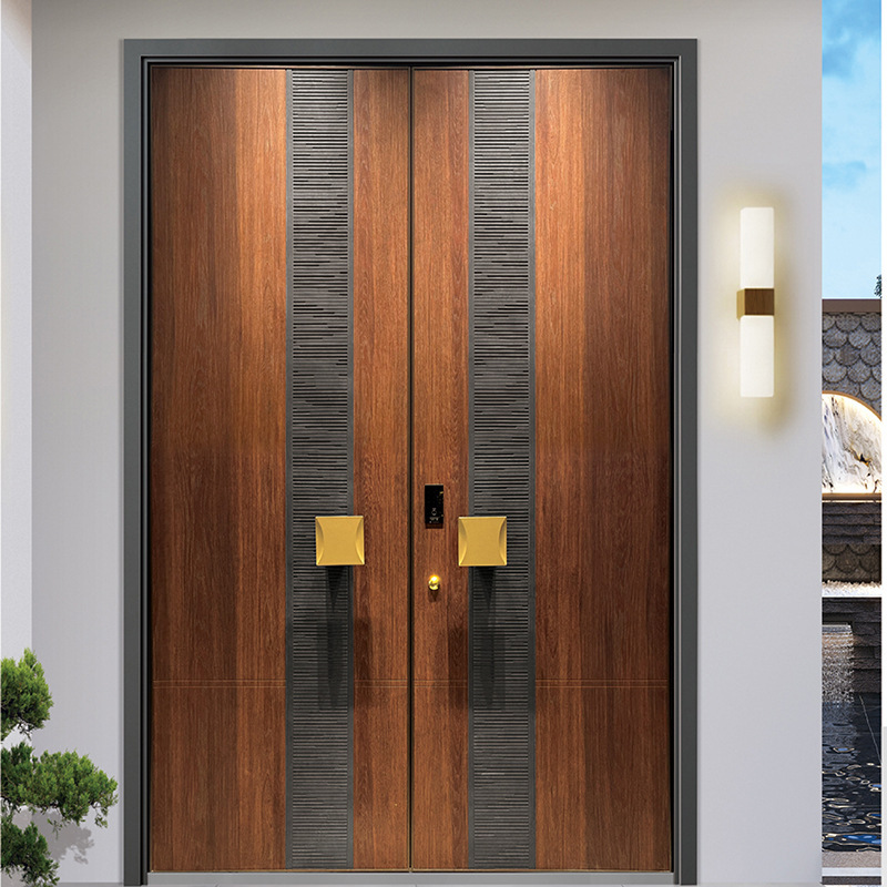 Wood-grain-patterned, intricately cast aluminum security doors, suitable for villas, hotel entrances, banquet halls, and conference rooms Wood-grain-patterned, intricately cast aluminum security doors, suitable for villas, hotel entrances, banquet halls, and conference rooms