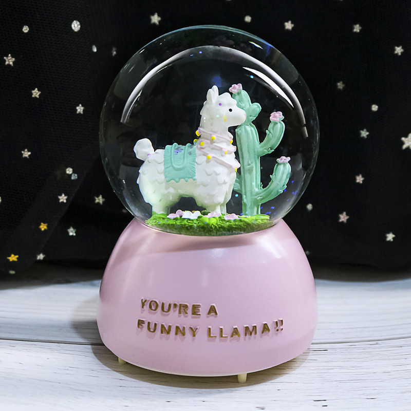 Nueva bola de cristal de mapache rosa pequeña, nieve, caja de música luminosa, luz nocturna, caja de música de regalo, artesanía de una pieza