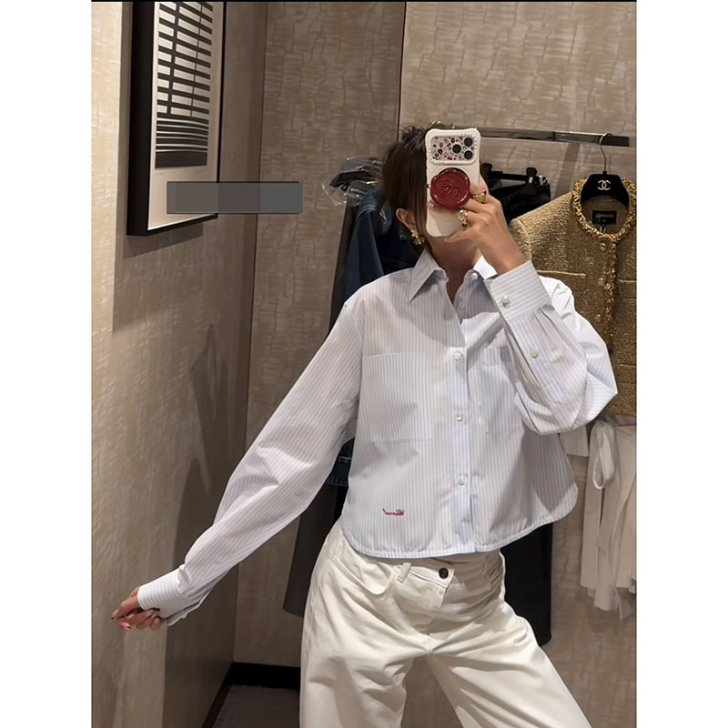 2026 New Women's Striped Cotton Embroidered Shirt with Pearl Buttons and Metal Chain Hem, High-end Product Factory Wholesale