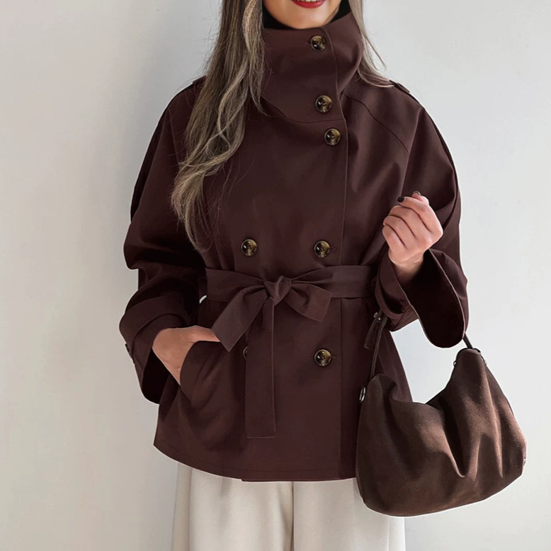 European and American cross-border brown double-breasted trench coat, 2026 winter loose-fitting belted windproof workwear jacket, mid-length women's coat