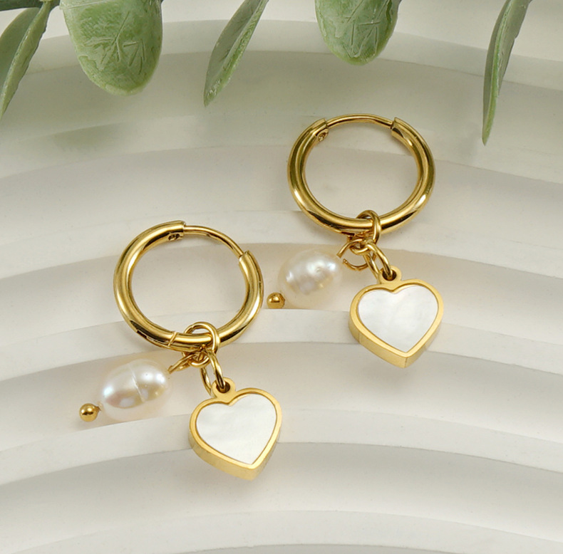 18K Gold Plated Plating Material Shell Inlay Material Fashion Heart Shape Titanium Steel Pearl Plating Drop Earrings 1 Pair