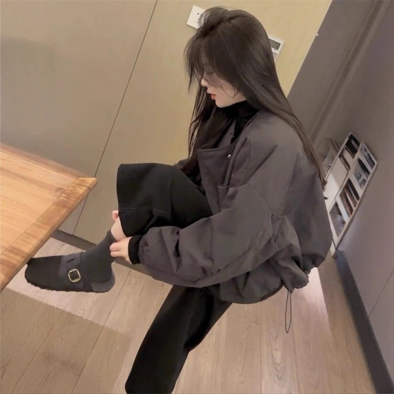 Autumn and Winter New Trendy Thin Cotton Jacket Short Coat for Women European Style Shell Round Neck Snap Loose Cotton Clothing