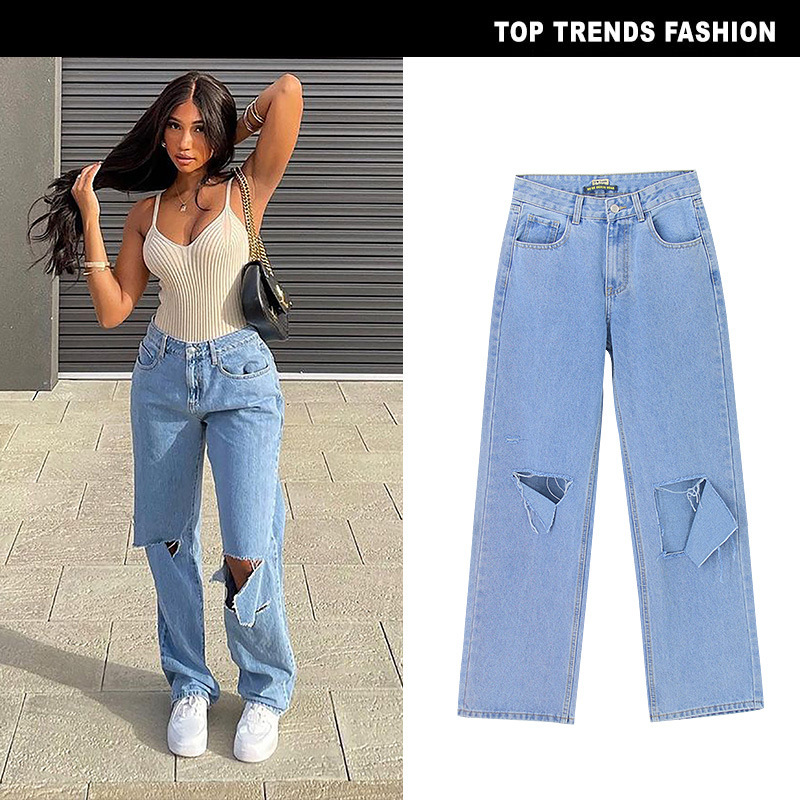 European and American Women's High Waist Loose Straight Denim Pants Hanged Hot Girls Sneakers Pants Sexy Pull-down Pants