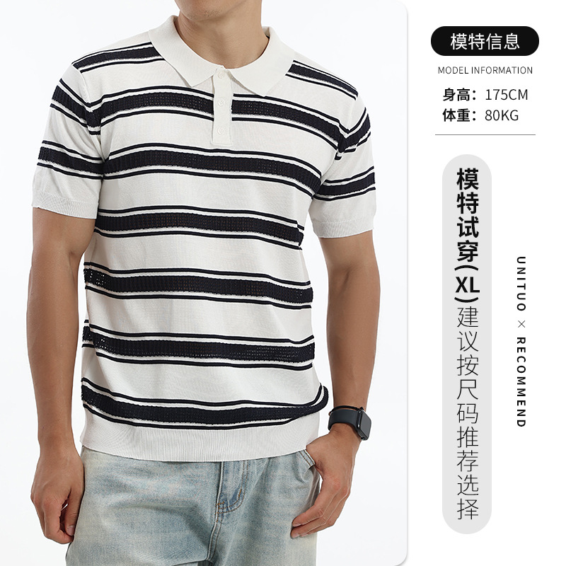Los hombres europeos y estadounidenses con rayas huecas de hielo de punto polo con collar de manga corta camiseta de lujo ligera de negocios casual