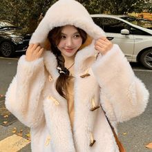 秋冬托卡牛角扣中长款连帽羊剪绒大衣2023新款皮毛一体皮草外套女