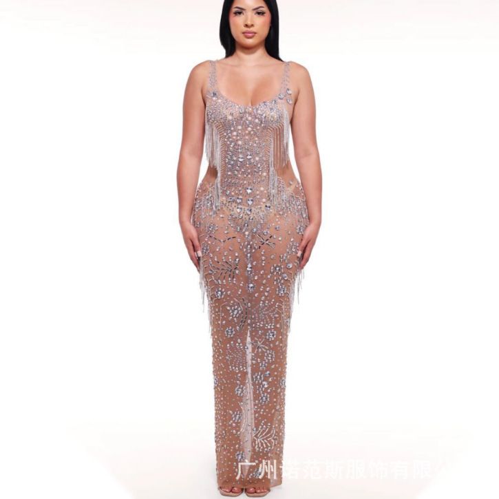 High-End Light Luxury Pearl Rhinestone Tassel Heavy-Duty Spaghetti Strap Long Dress Red Carpet Runway Engagement Banquet Party Evening Gown