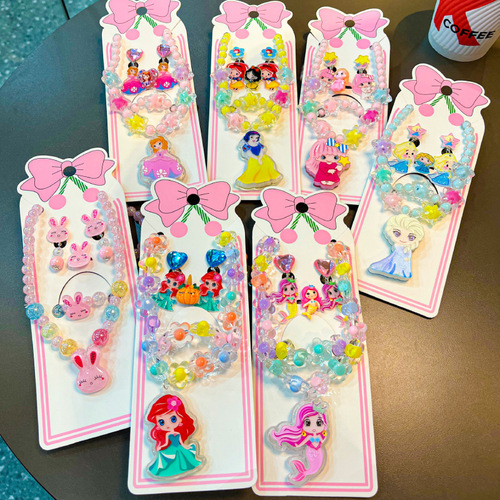 Children's Glowing Necklace Jewelry Set Cartoon Little Girl Accessories Girls Colorful Little Princess Earrings Ring Bracelet
