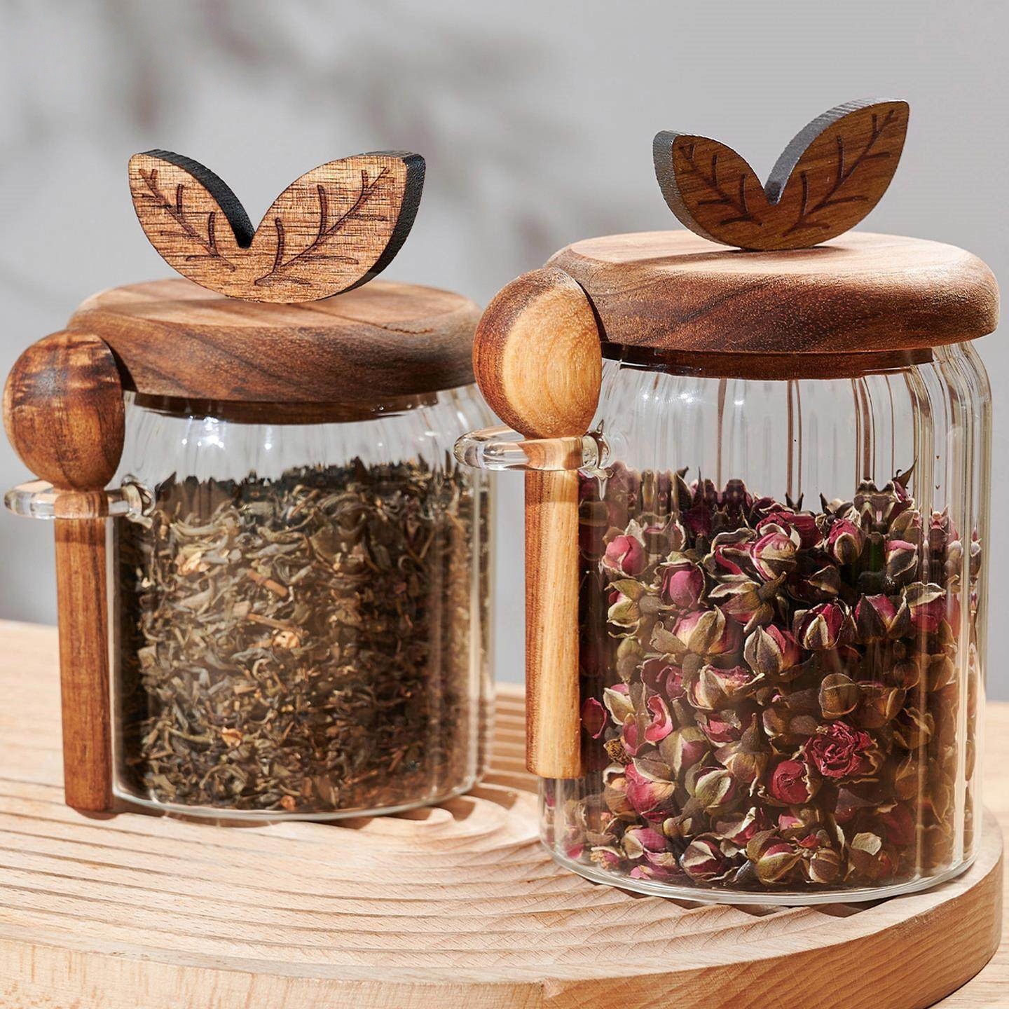 alto borosilicato de vidrio estriado tanque de sellado Acacia cubierta de madera con cuchara tanque de almacenamiento de té granos tanque de almacenamiento