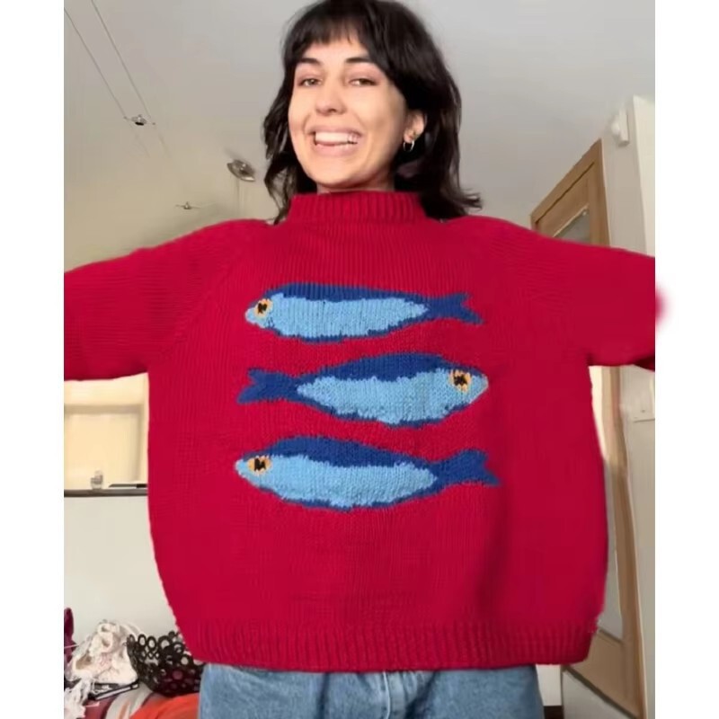 Cross-border winter new sweater loose interesting small fish pattern pullover fashion knitted comfortable long sleeve sweater top