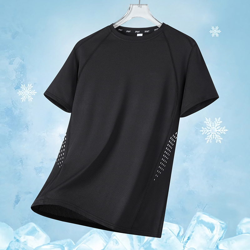 Camiseta de manga corta de secado rápido de seda de hielo de cuatro agujas y seis líneas para hombre