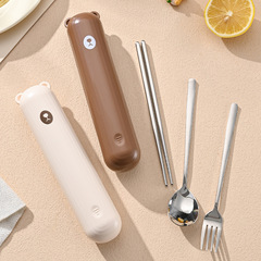 304携帯食器スプーン箸セット収納ケース引き出し式熊かわいいクリエイティブ学生食器ケース3点セット
