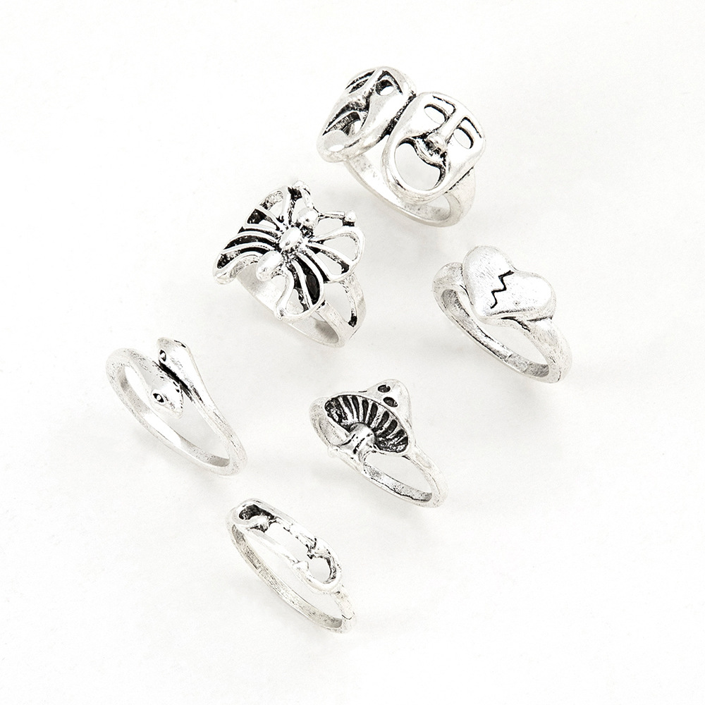 fashion retro new heart shaped butterfly skull snake mushroom paper clip 6-piece alloy ring set