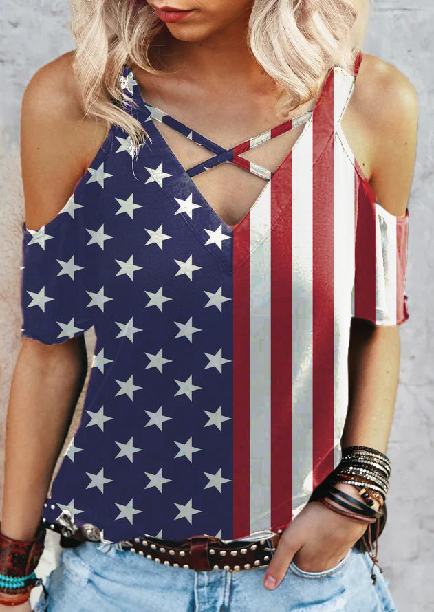 Frau T-shirt Kurzarm T-shirts Drucken Lässig Sonnenblume Streifen Amerikanische Flagge display picture 4