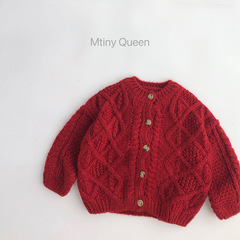 ch loves this red~Korean New Year children's sweater, Christmas winter style for men and women, hemp pattern knitted cardigan, fashionable