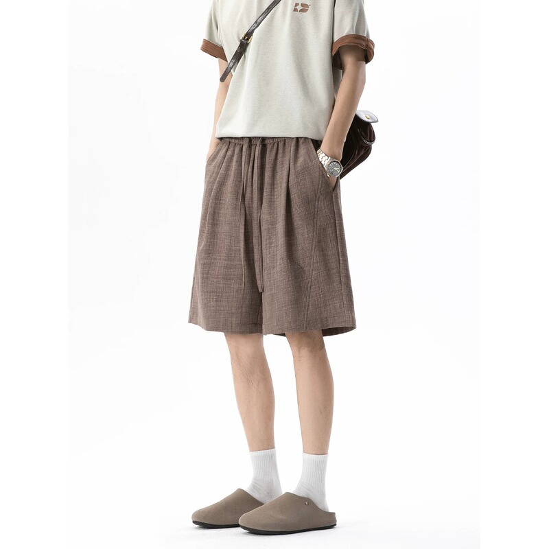 Coffee-Colored Diagonal-Cut Faux Linen Casual Shorts for Men, Summer Thin Breathable Outerwear, Five-Point Cotton-Linen Pants, Loose Mid-Length Pants