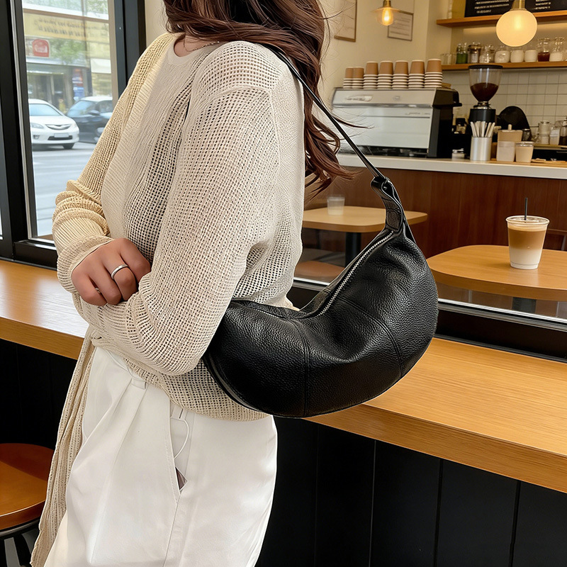Top Grain Cowhide Leather Dumpling Bag Genuine Leather Crescent Bag For Women Niche Crossbody Bag Luxury Shoulder Saddle Bag - Thumbnail 2