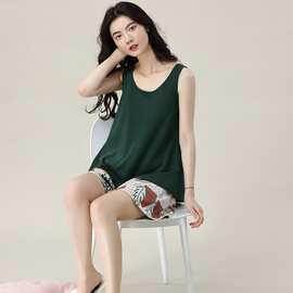 夏季新款纯棉女背心短裤套头睡衣印花休闲女家居服图片色圆领短袖
